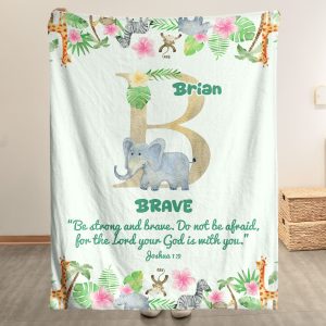 Custom Initial Name With Bible Verse Safari Animal Blanket For Kids - Personalized Blanket Big Size